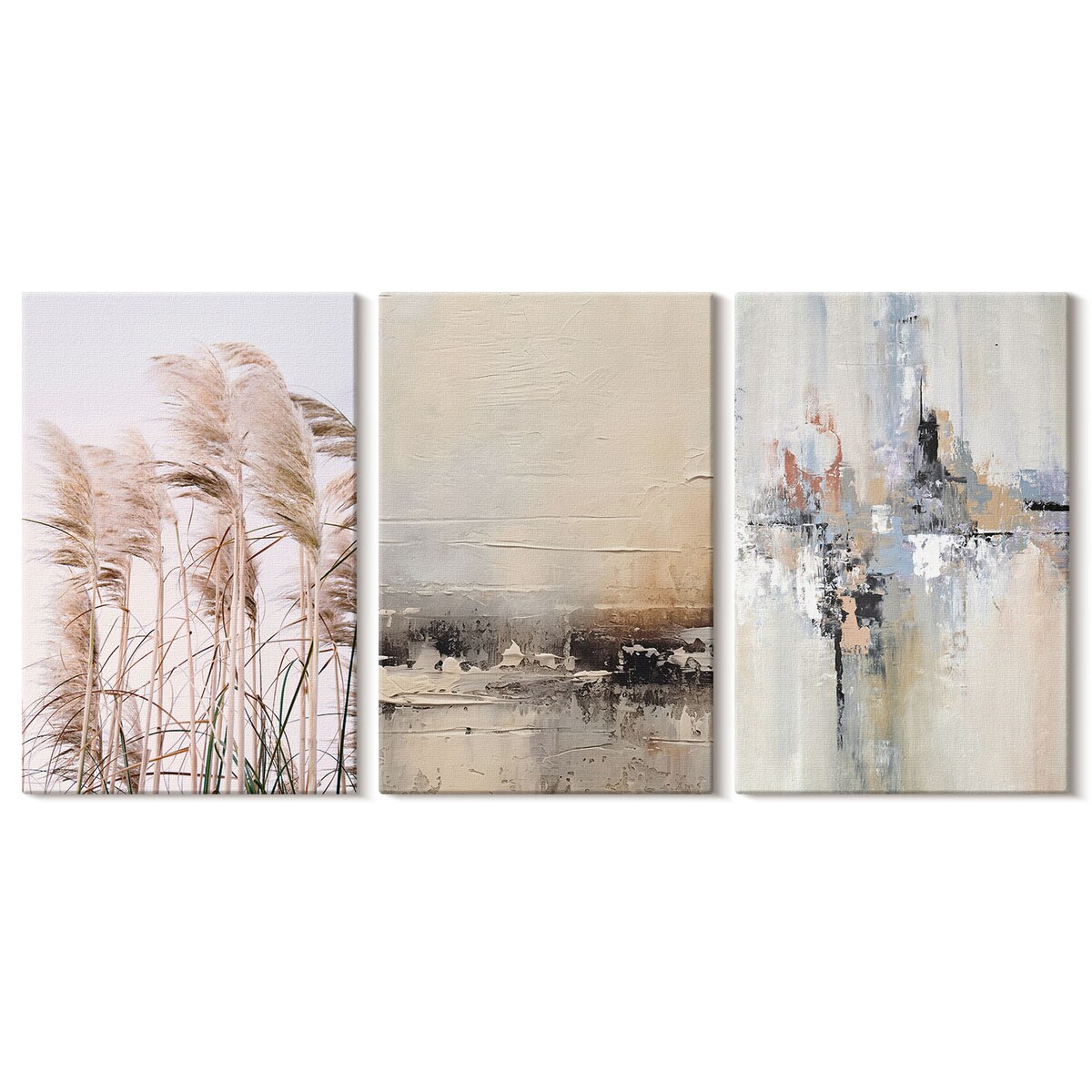 Zestaw 3 małych obrazów na płótnie - Roślinność abstrakcyjne wzory - beżowy