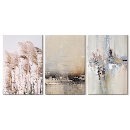 Zestaw 3 małych obrazów na płótnie - Roślinność abstrakcyjne wzory - beżowy