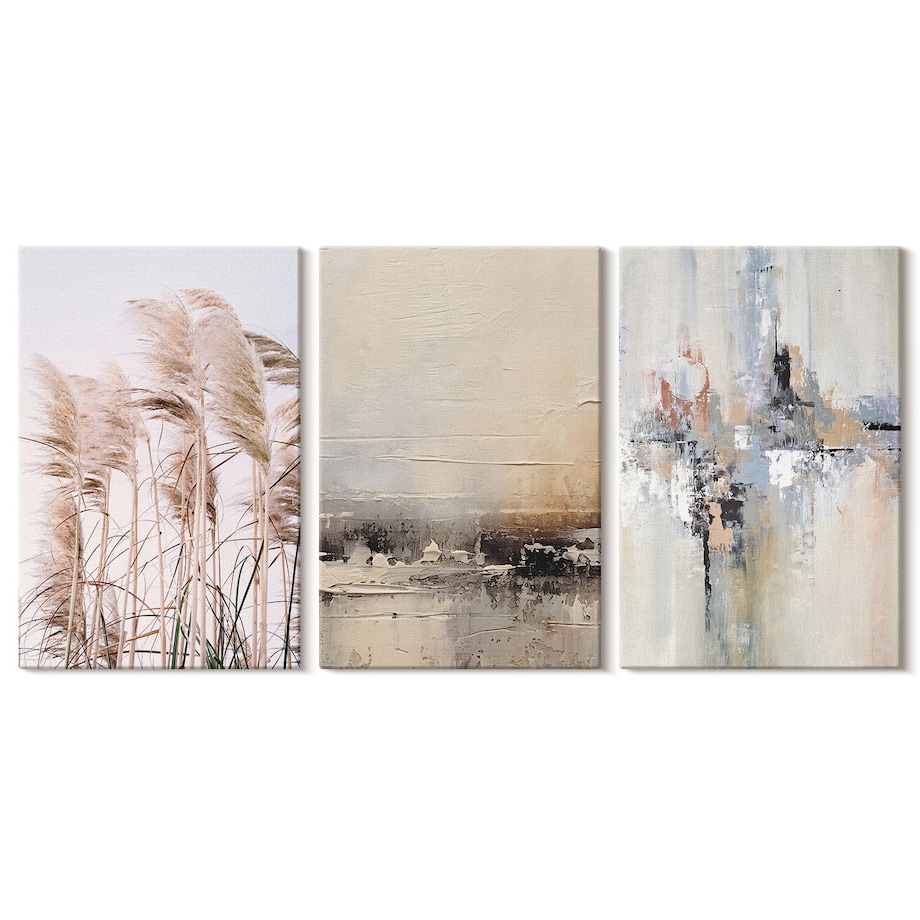 Zestaw 3 małych obrazów na płótnie - Roślinność abstrakcyjne wzory - beżowy