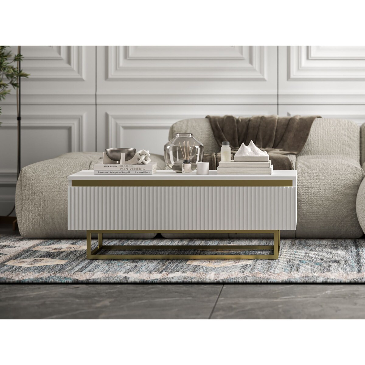 Stolik kawowy Glamour prostokątny elegancka ława Biały Mat Stelaż w złotym kolorze 109 cm