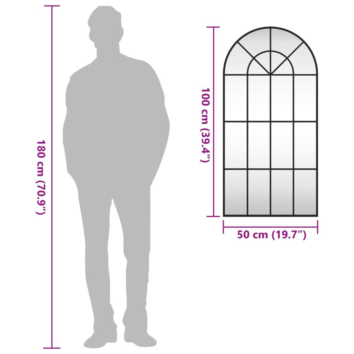 vidaXL Lustro ścienne, czarne, 50x100 cm, zakończone łukiem, żelazo