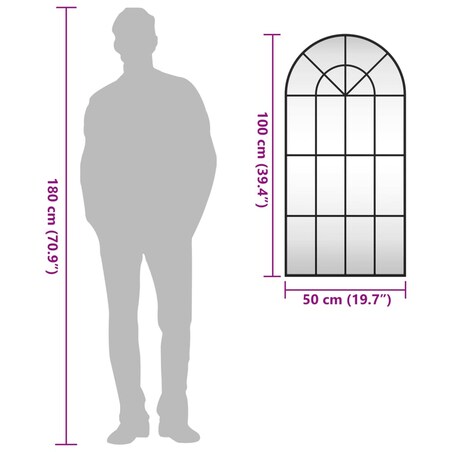 vidaXL Lustro ścienne, czarne, 50x100 cm, zakończone łukiem, żelazo