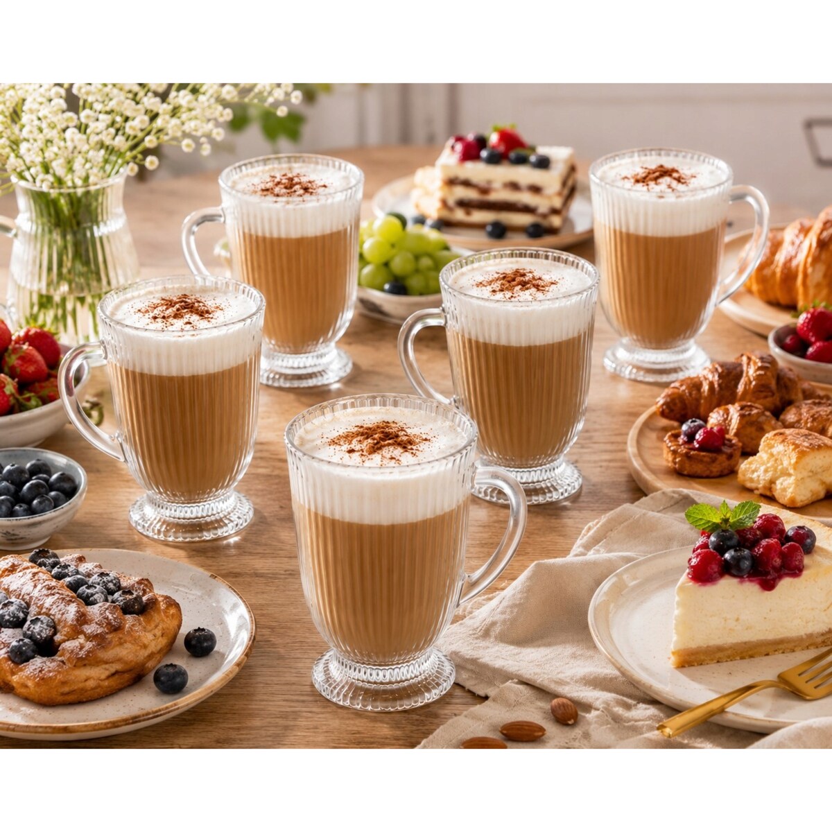 Szklanki wysokie Eleganckie na stopce do latte kubki W PRĄŻKI 500 ml 6szt