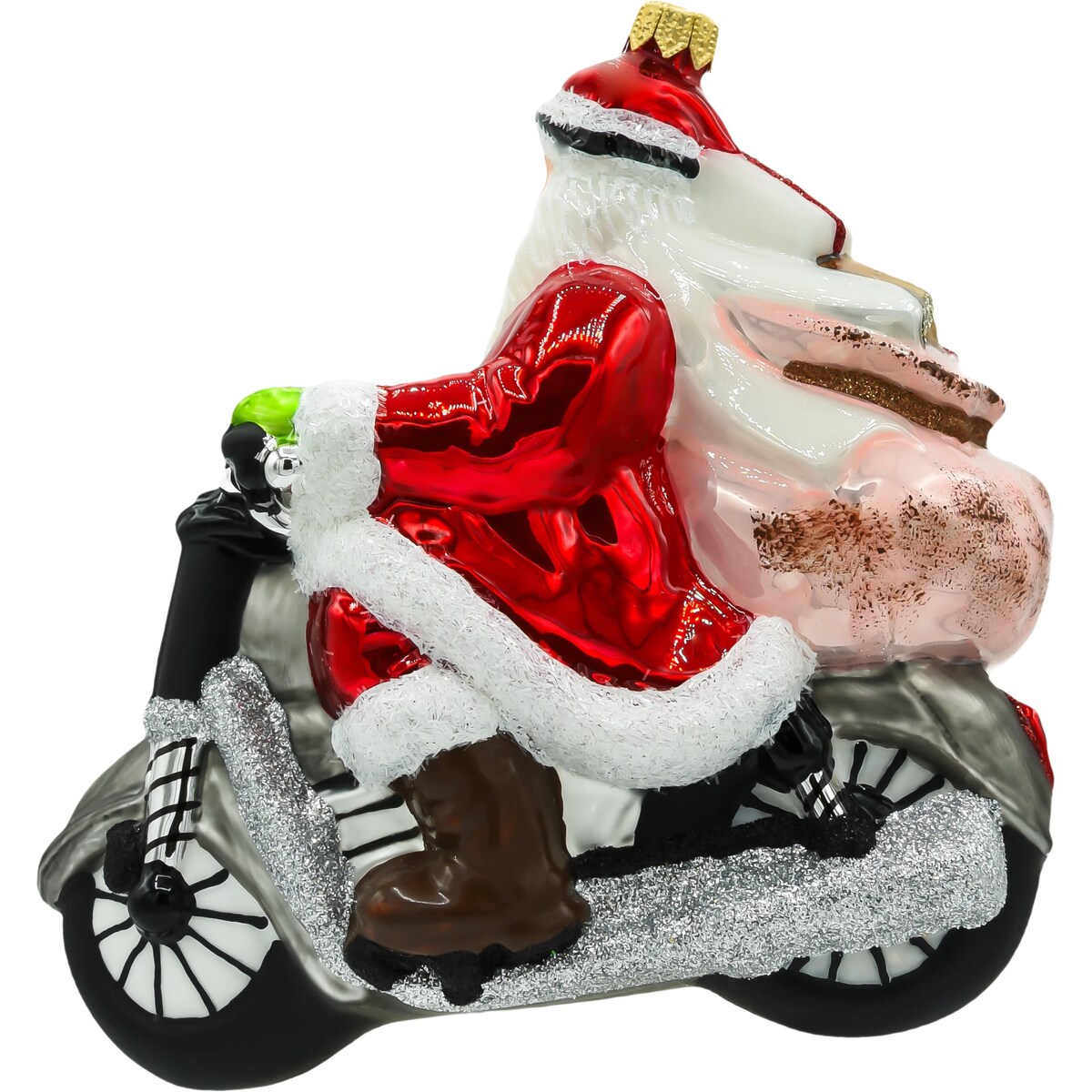 Bombka choinkowa: Wielki Święty Mikołaj na motocyklu z reniferem