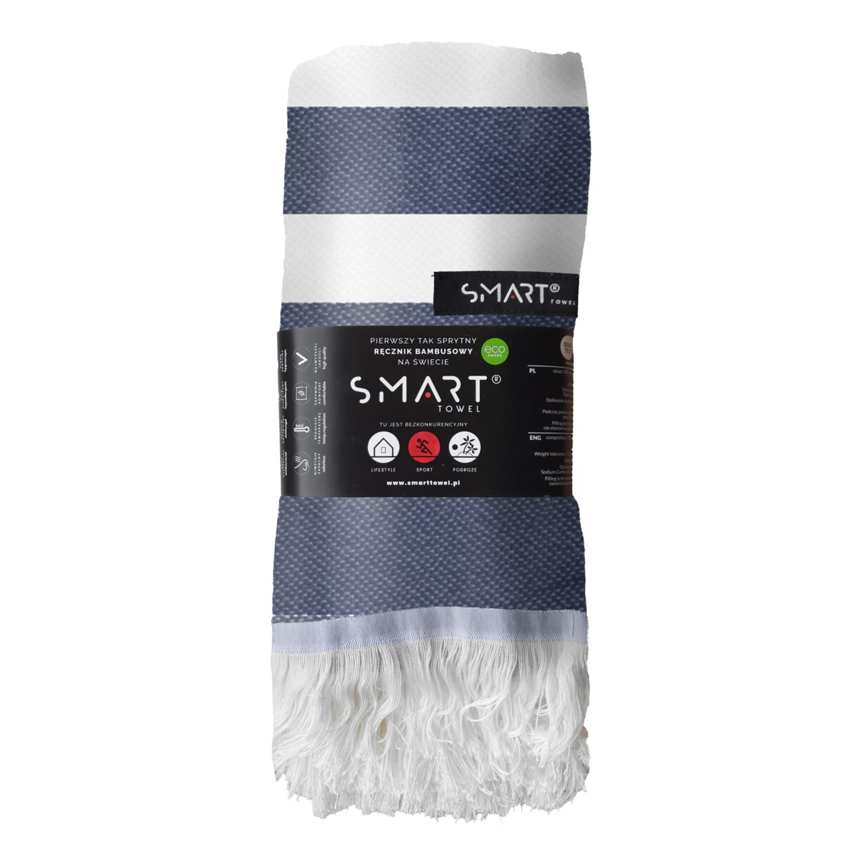 Ręcznik plażowy bambusowy 70x150 cm wzór w pasy paski biało niebieskie morski szybkoschnący z frędzlami cienki