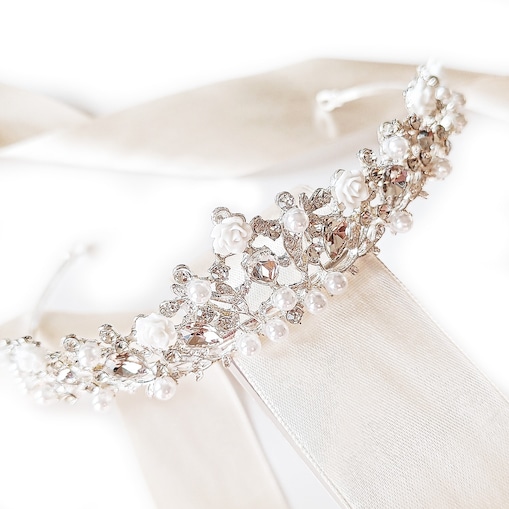 Tiara z różami srebrna korona ślubna cyrkonie GLAM
