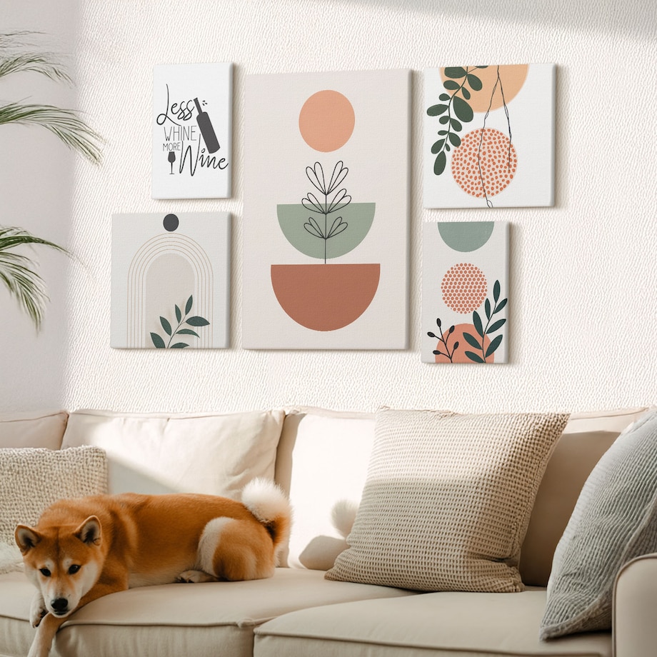 Zestaw 5 obrazów na płótnie - Stylowe roślinne dekoracje boho - beżowy