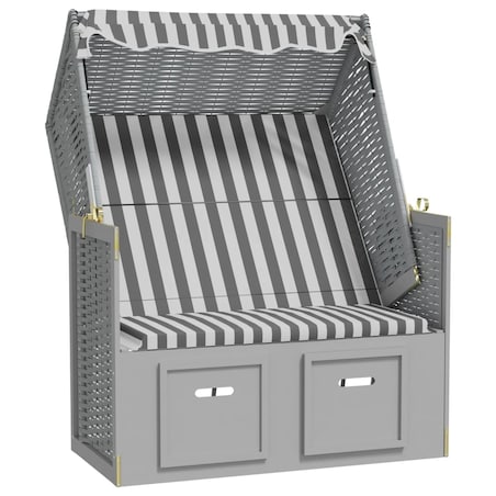 vidaXL Kosz plażowy z zadaszeniem, rattan PE i drewno, szaro-biały