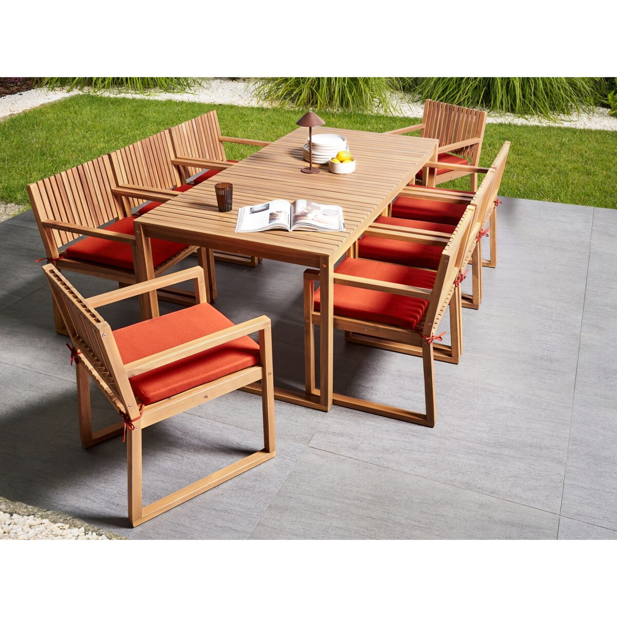 Zestaw ogrodowy dla 8 osób SASSARI PREMIUM z poduszkami Certyfikowane drewno akacjowe Czerwony