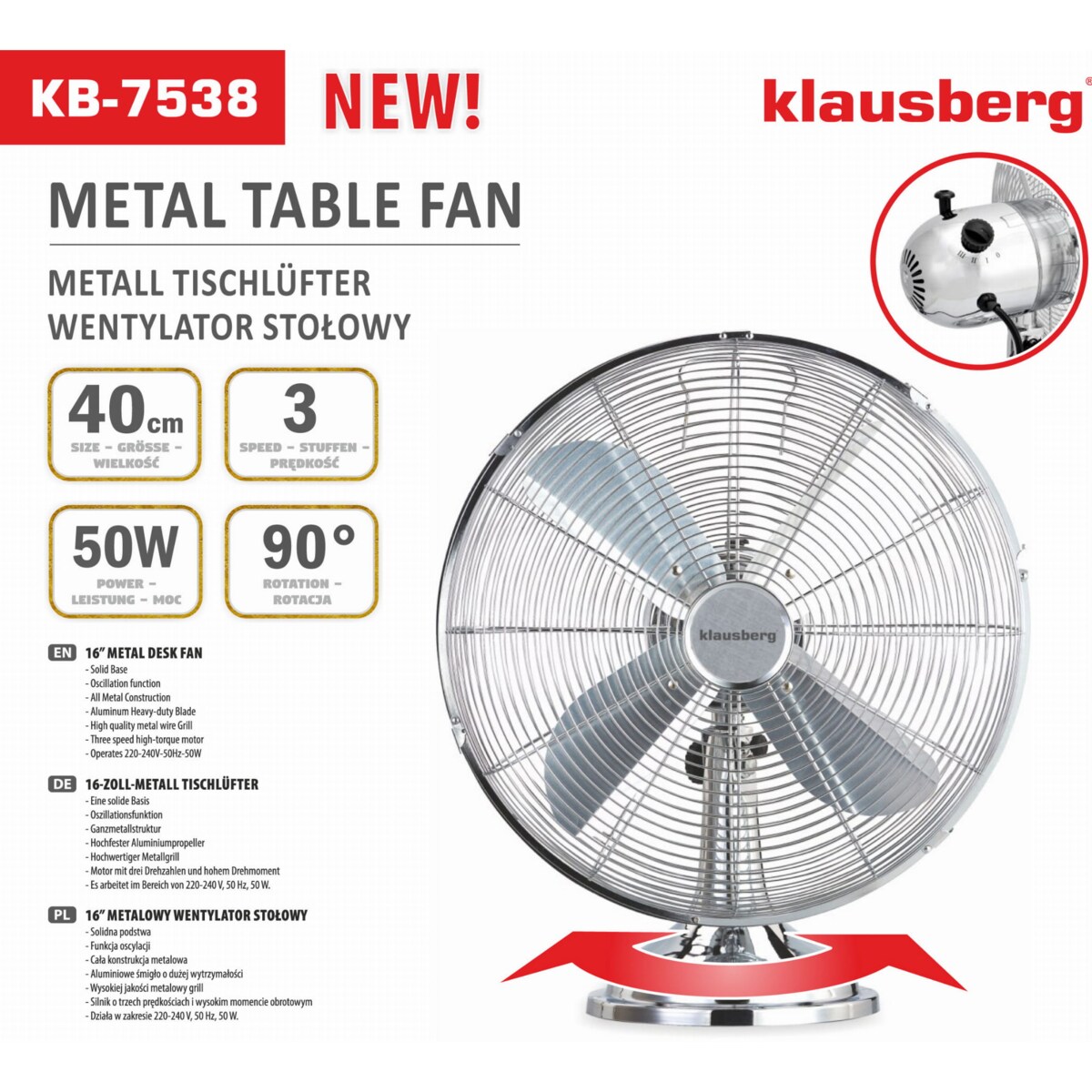 Wentylator biurkowy wiatrak stojący srebrny 40cm 50W KLAUSBERG