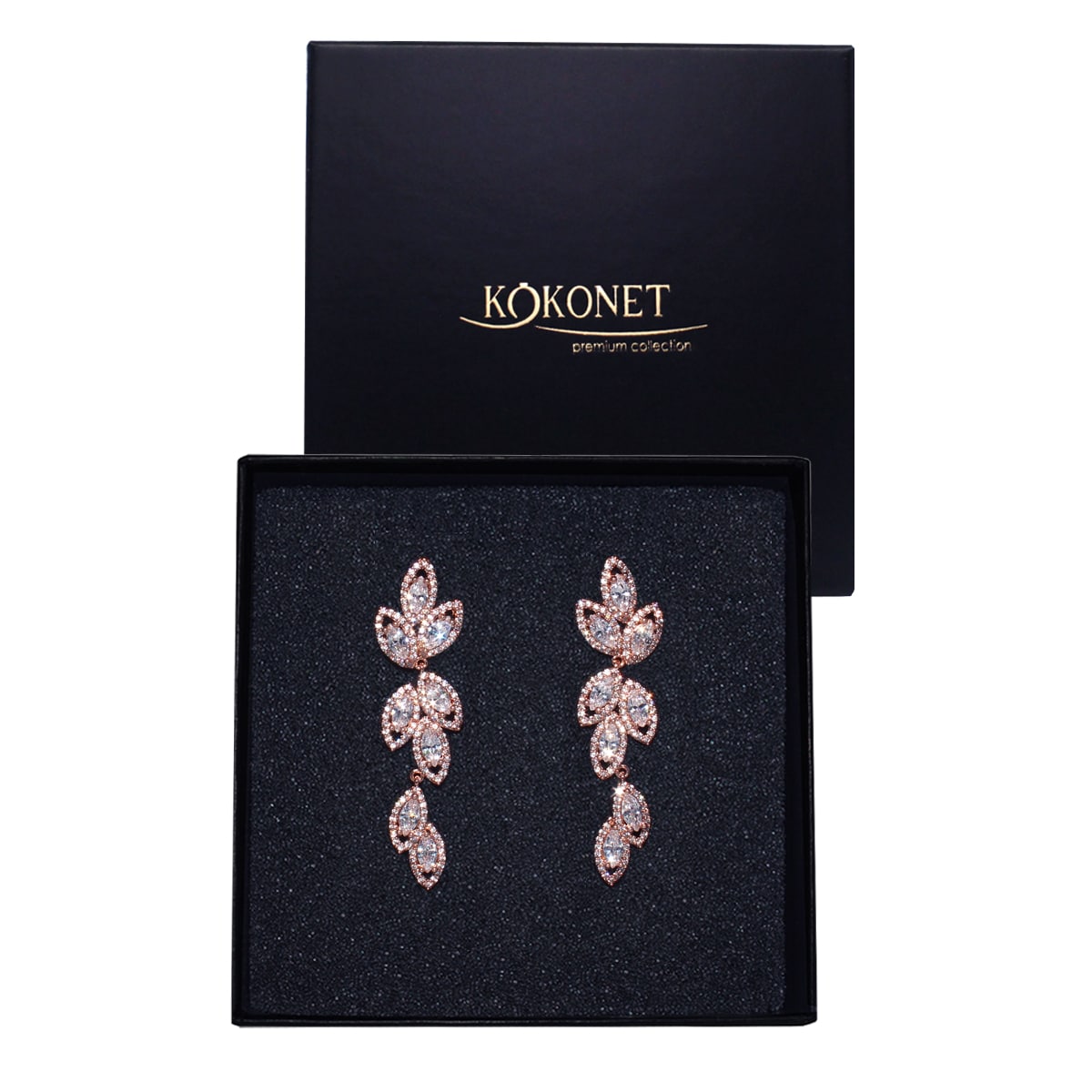 Kolczyki listki cyrkonie różowe złoto ŚLUBNE prezent wesele panieński