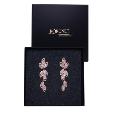 Kolczyki listki cyrkonie różowe złoto ŚLUBNE prezent wesele panieński