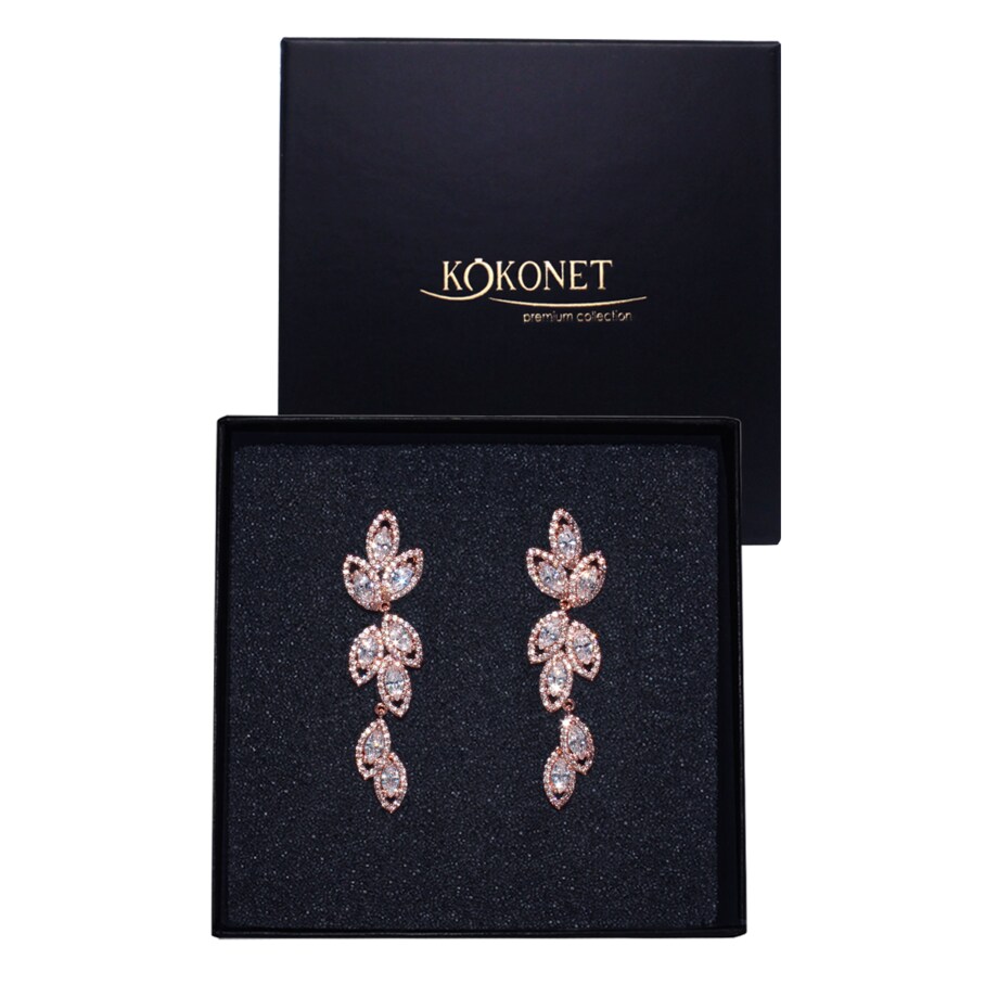 Kolczyki listki cyrkonie różowe złoto ŚLUBNE prezent wesele panieński