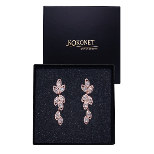 Kolczyki listki cyrkonie różowe złoto ŚLUBNE prezent wesele panieński