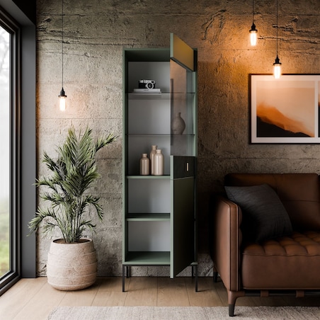 Witryna MIDNIGHT z przeszklonym frontem na stelażu, zielona