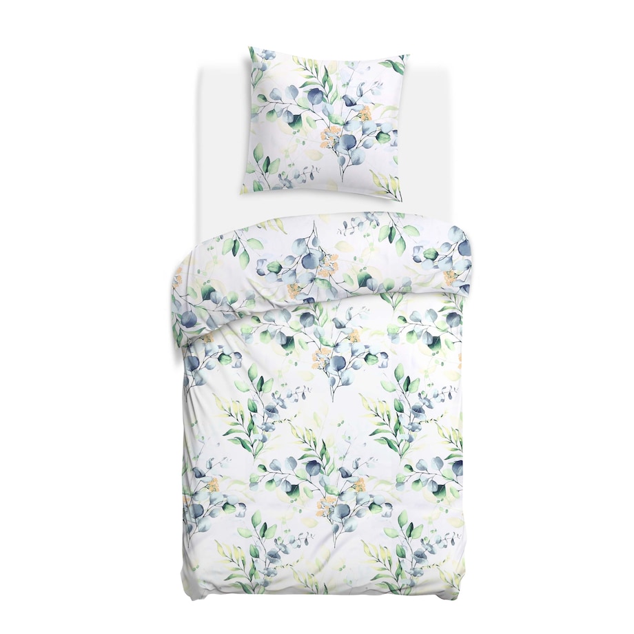 Pościel bawełniana 140x200 Silva biała z subtelnym wzorem zielonych i niebieskich liści, Cottonlove