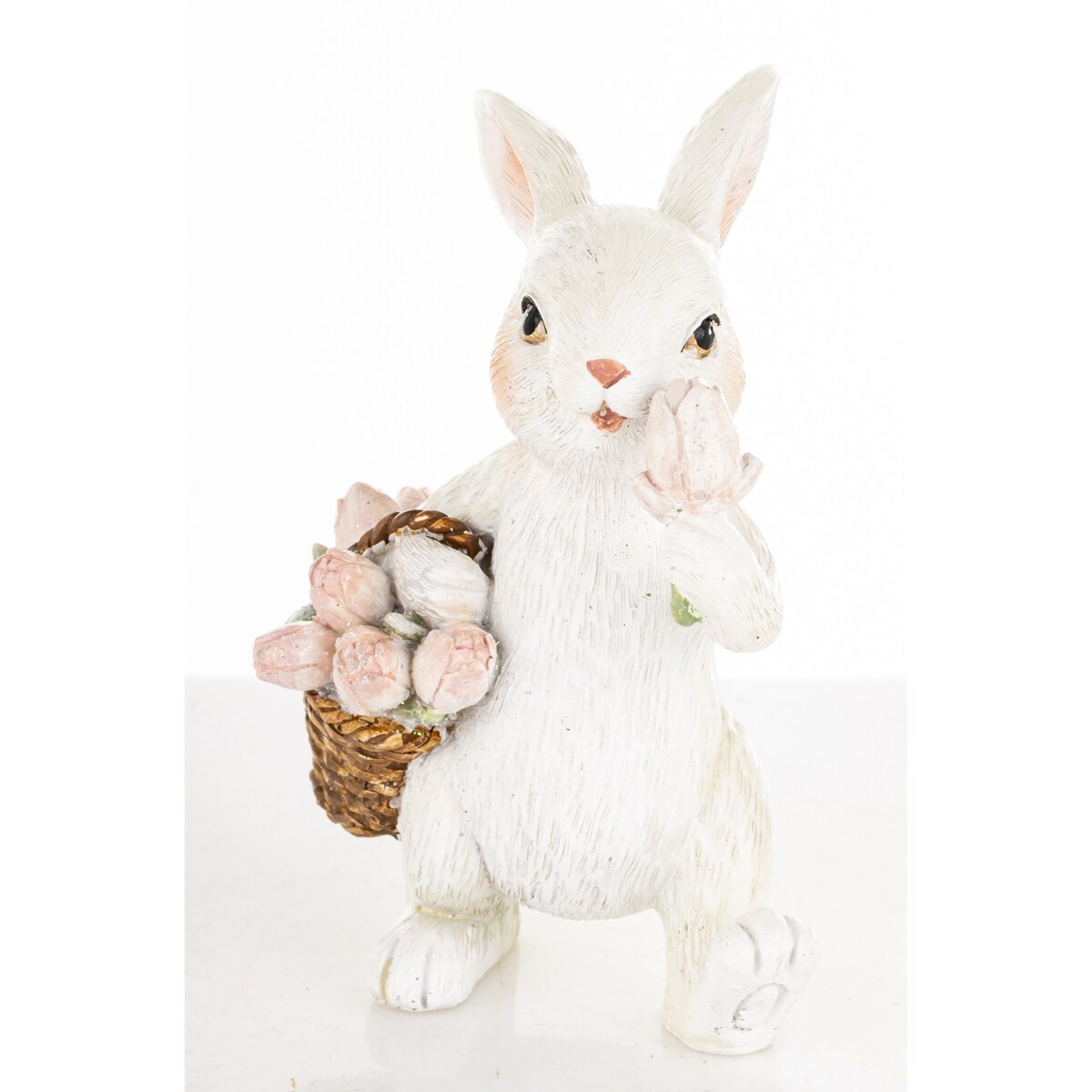 Figurka - biały królik 11x6,5x6,5 cm z koszykiem różowych tulipanów