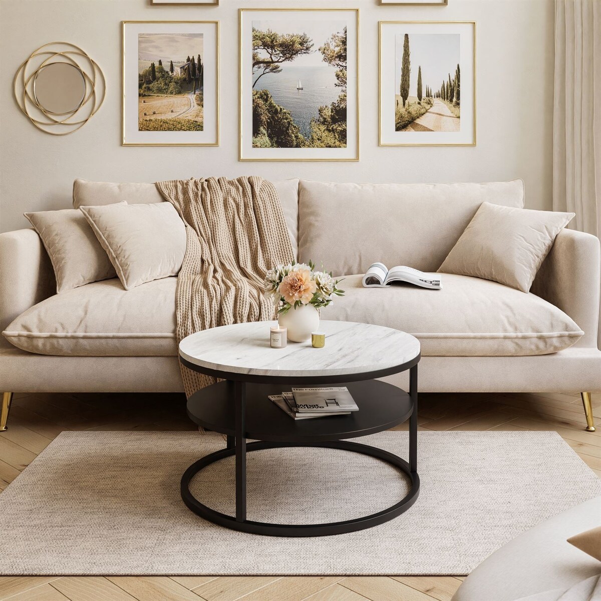 Okrągły stolik kawowy CIRI SLIM z półką czarmy marmur levanto