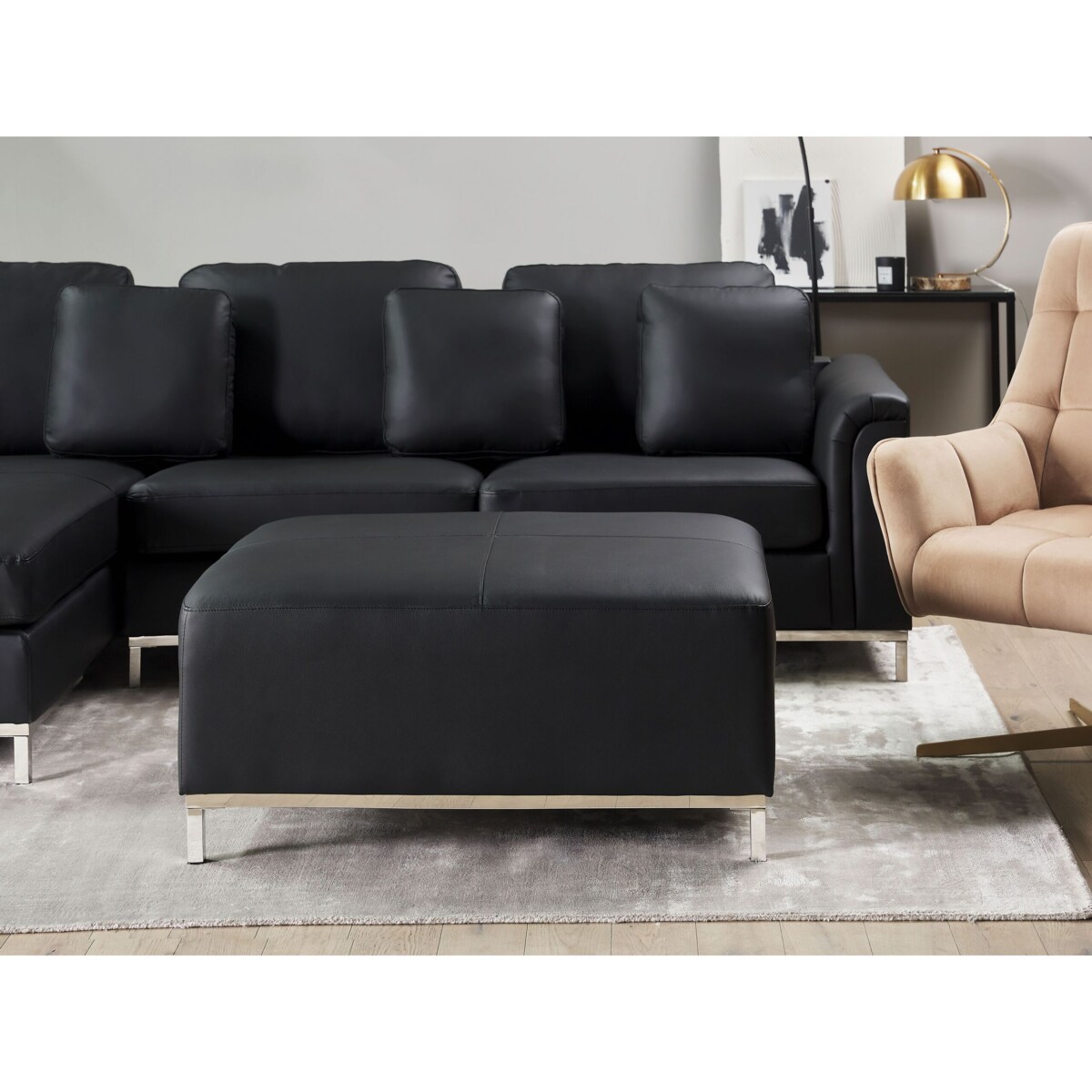 Narożnik z otomaną skórzany prawostronny czarny OSLO