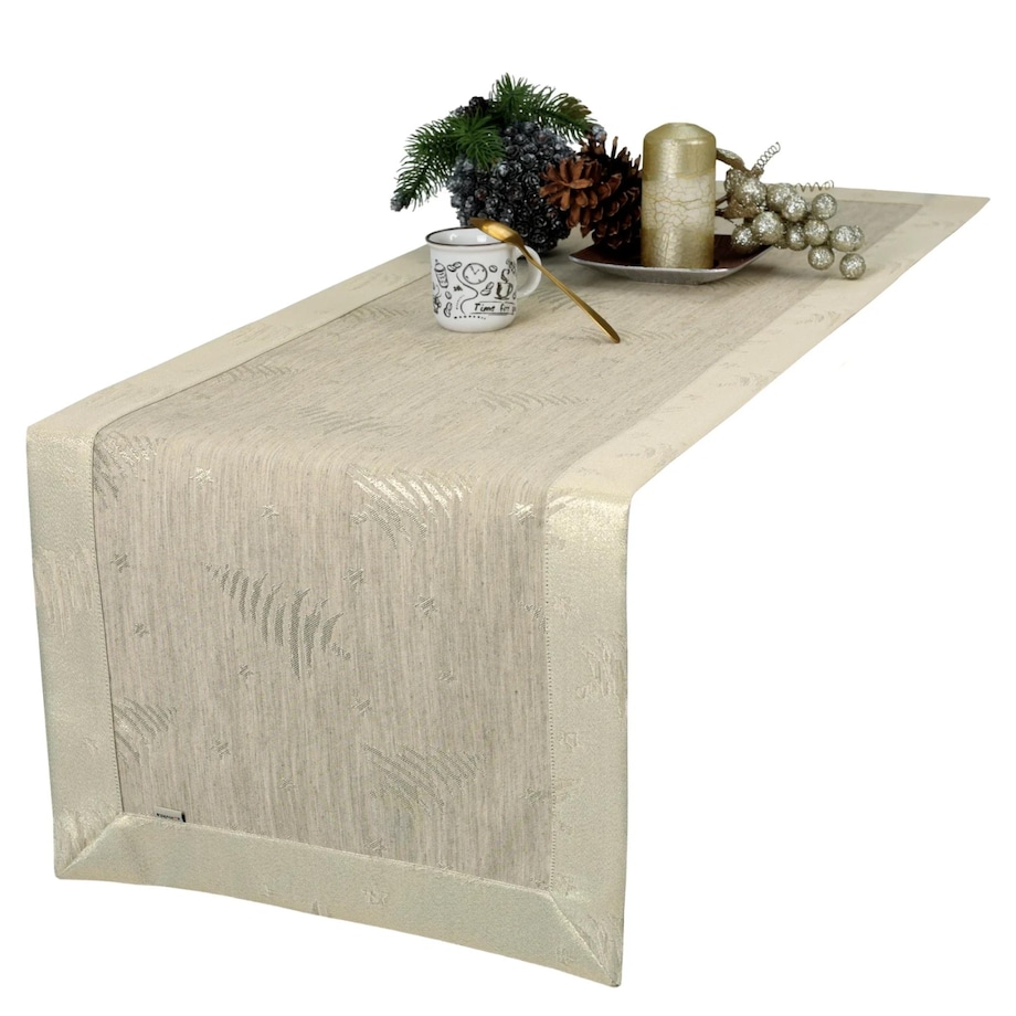 Bieżnik świąteczny w Złote Choinki i Gwiazdki z mankietem O5 beżowy - 40x200 cm - beżowy