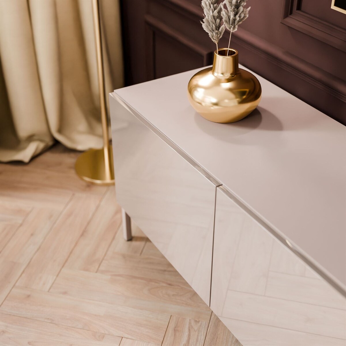 Szafka RTV COLGANTE 200 kaszmir wysoki połysk, oświetlenie LED, nóżki proste kaszmir