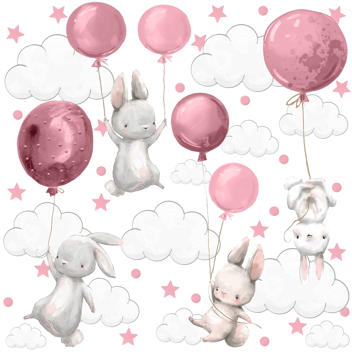 Naklejki Ścienne Dla Dzieci Króliczki Różowe Balony Chmurki Kropki ZESTAW 60x30cm