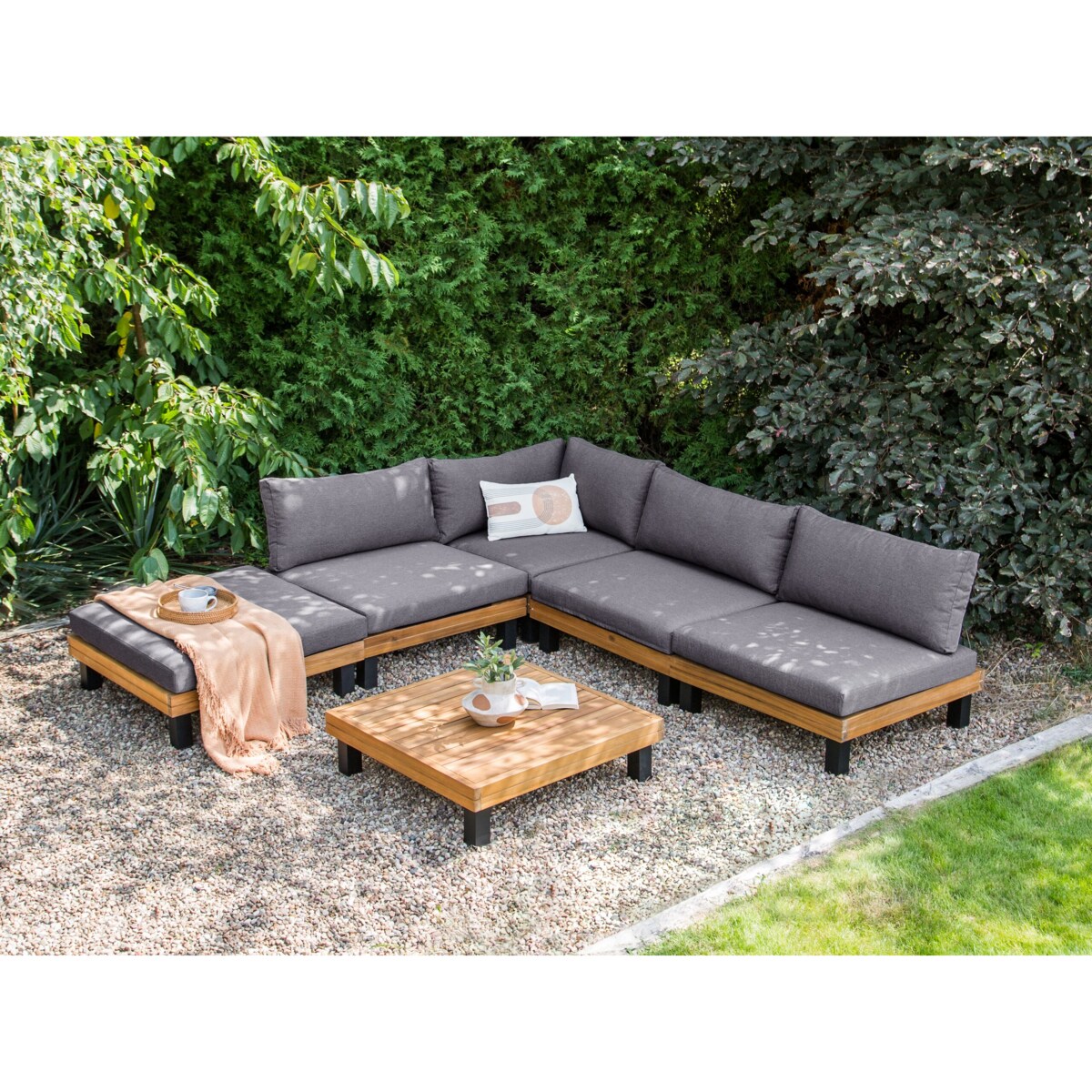 Narożnik ogrodowy ze stolikiem dla 5 osób FRAZZANO Modułowy Certyfikowane drewno akacjowe Szary