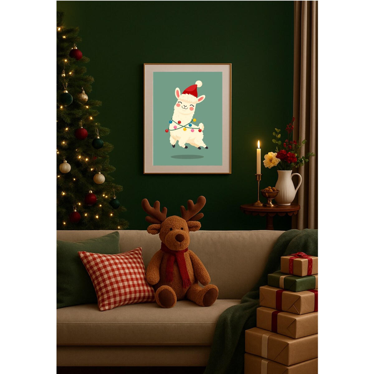 Poster Story, Plakat, Obraz - Świąteczna Lama, wymiary 70 x 100 cm