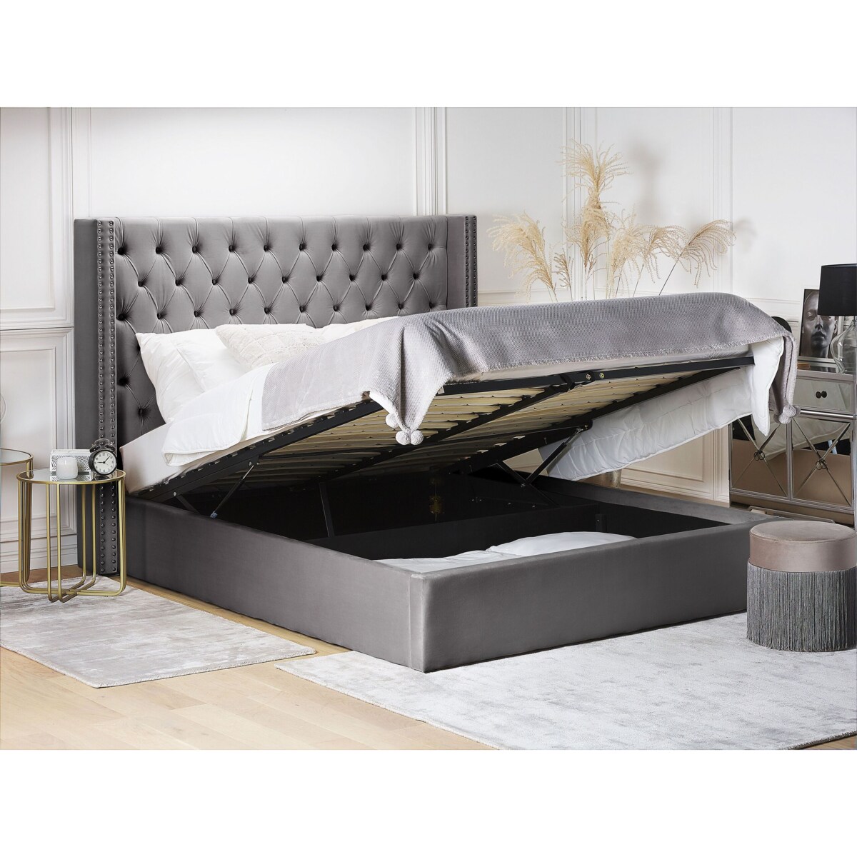 Łóżko z pojemnikiem Welur LUBBON 160 x 200 cm Szary