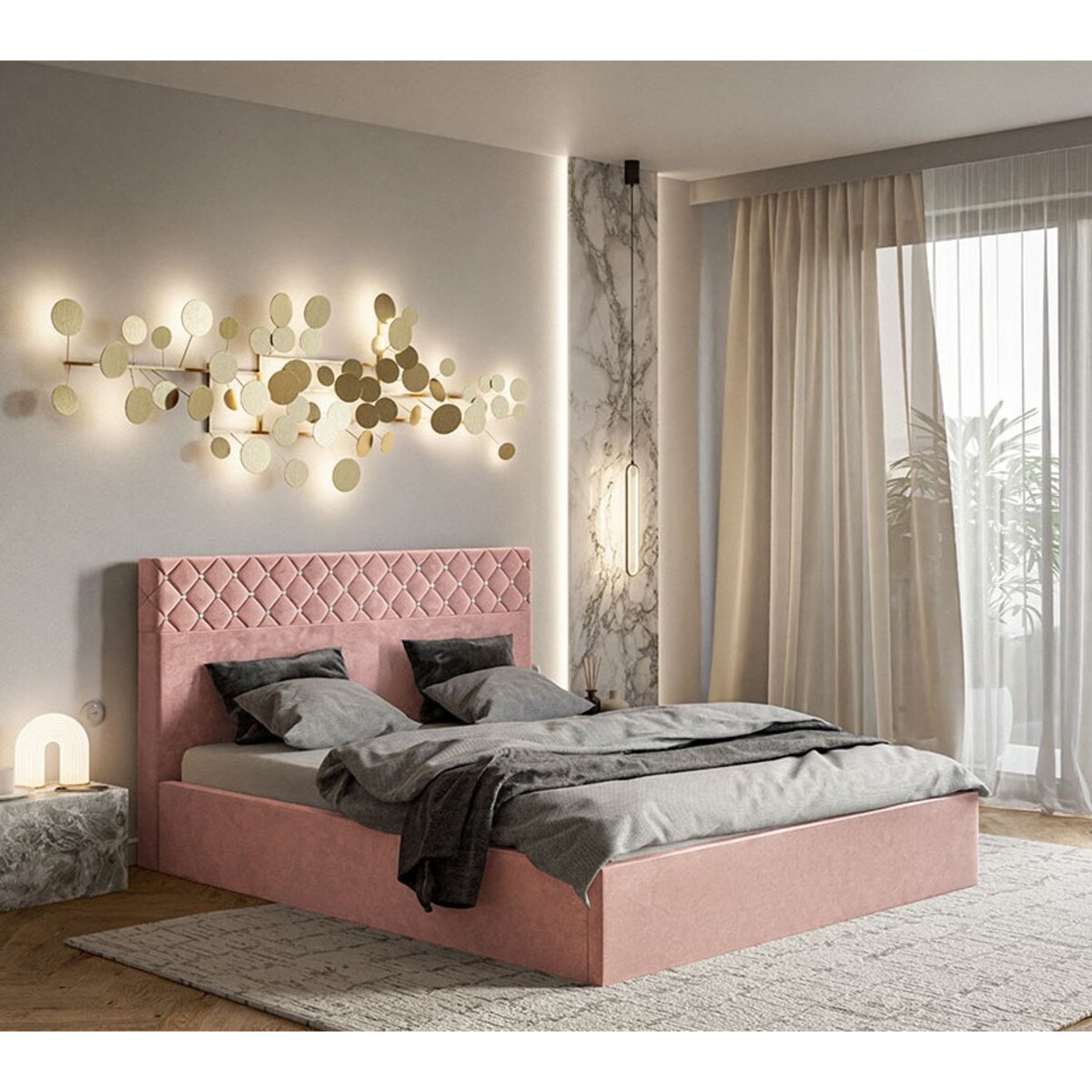 Łóżko sypialniane 180x200 OLDO 4 tapicerowane, pikowane, pojemnik-różowe