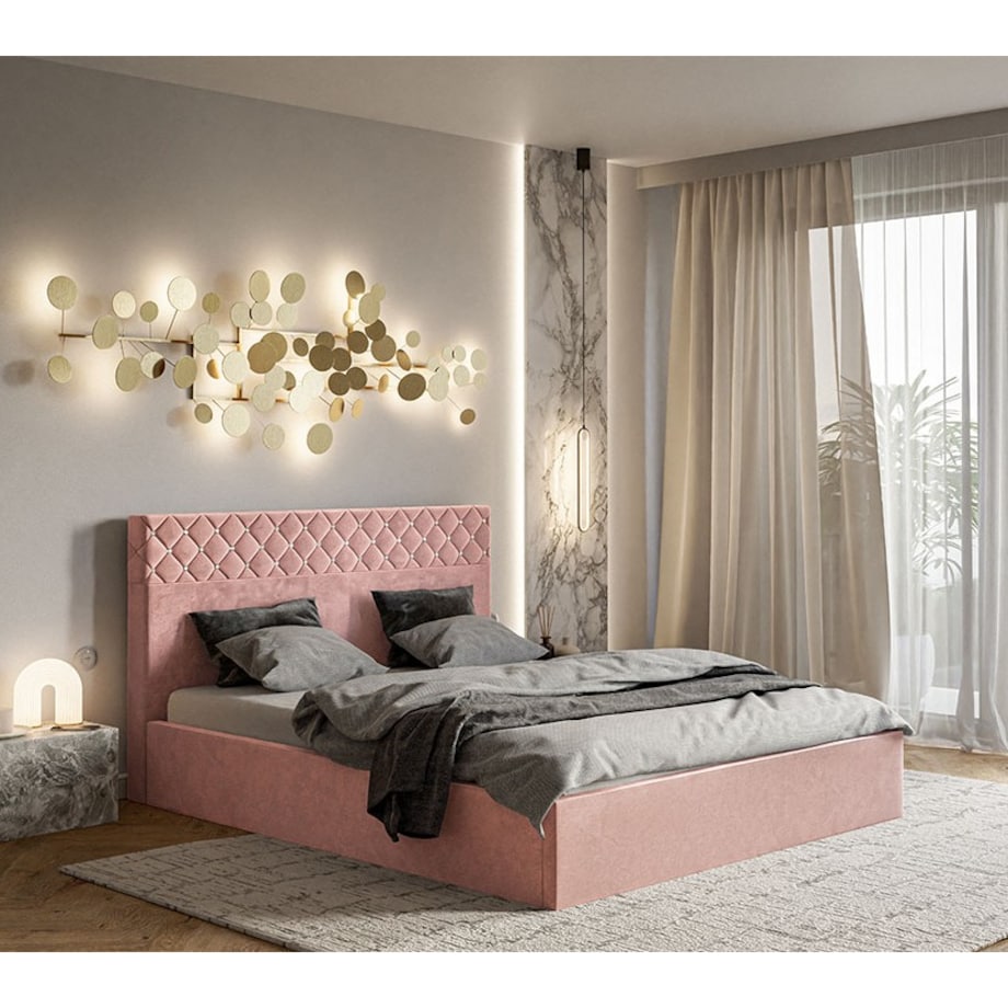 Łóżko sypialniane 180x200 OLDO 4 tapicerowane, pikowane, pojemnik-różowe