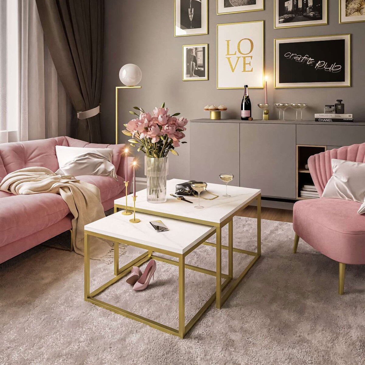 Stolik kawowy ława YOSHI 2w1 złoty mat marmur levanto