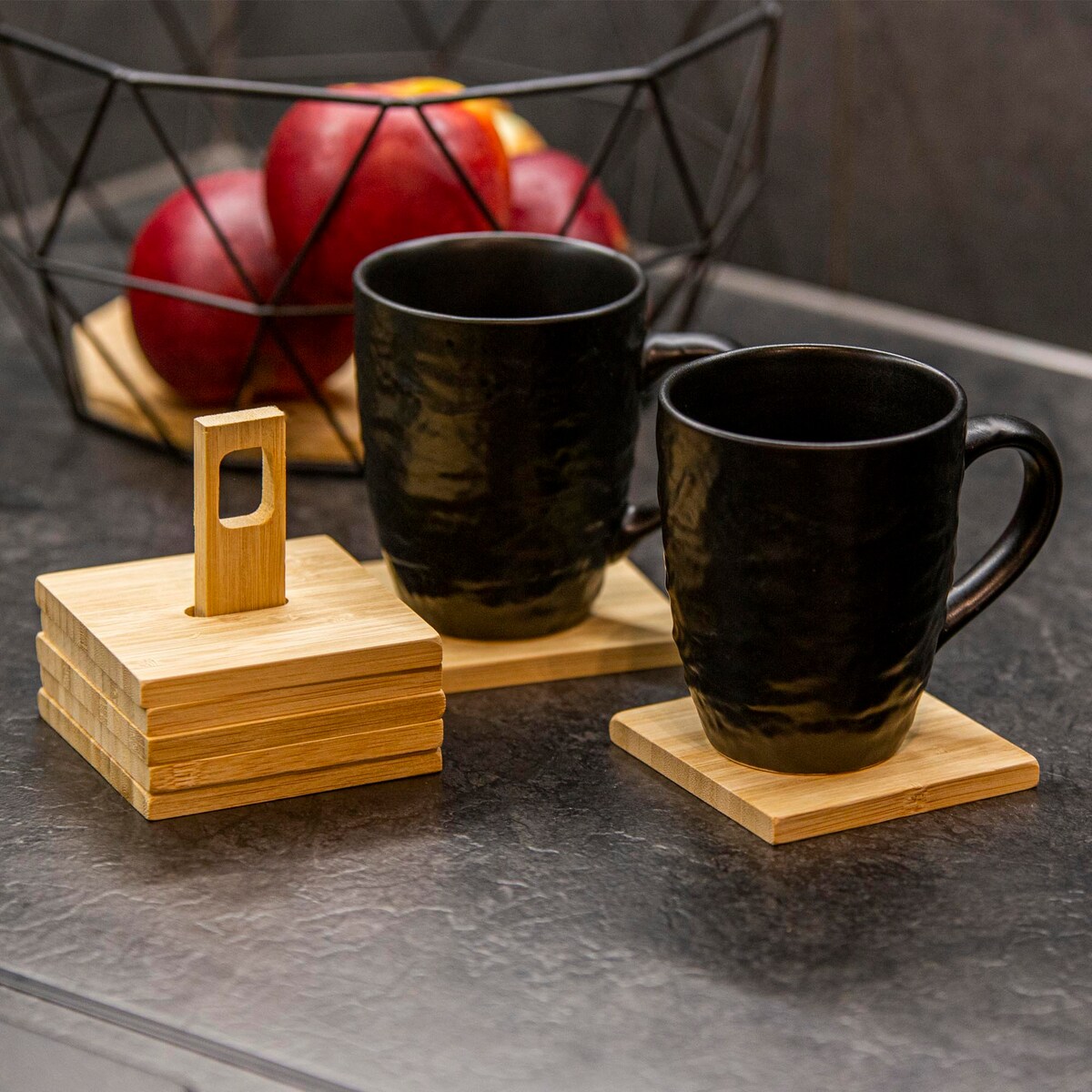 Podkładki pod kubek na stojaku, 6 sztuk, 10 x 10 cm, bambus