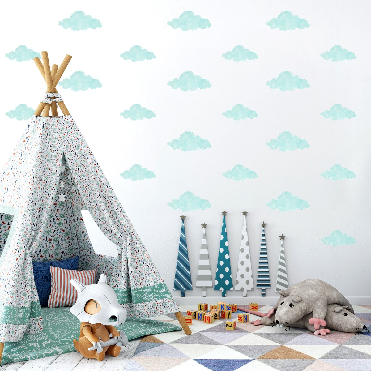 Naklejki Dla Dzieci Turkusowe Chmurki Pastelowe Chmury Styl Boho Zestaw 120x60cm