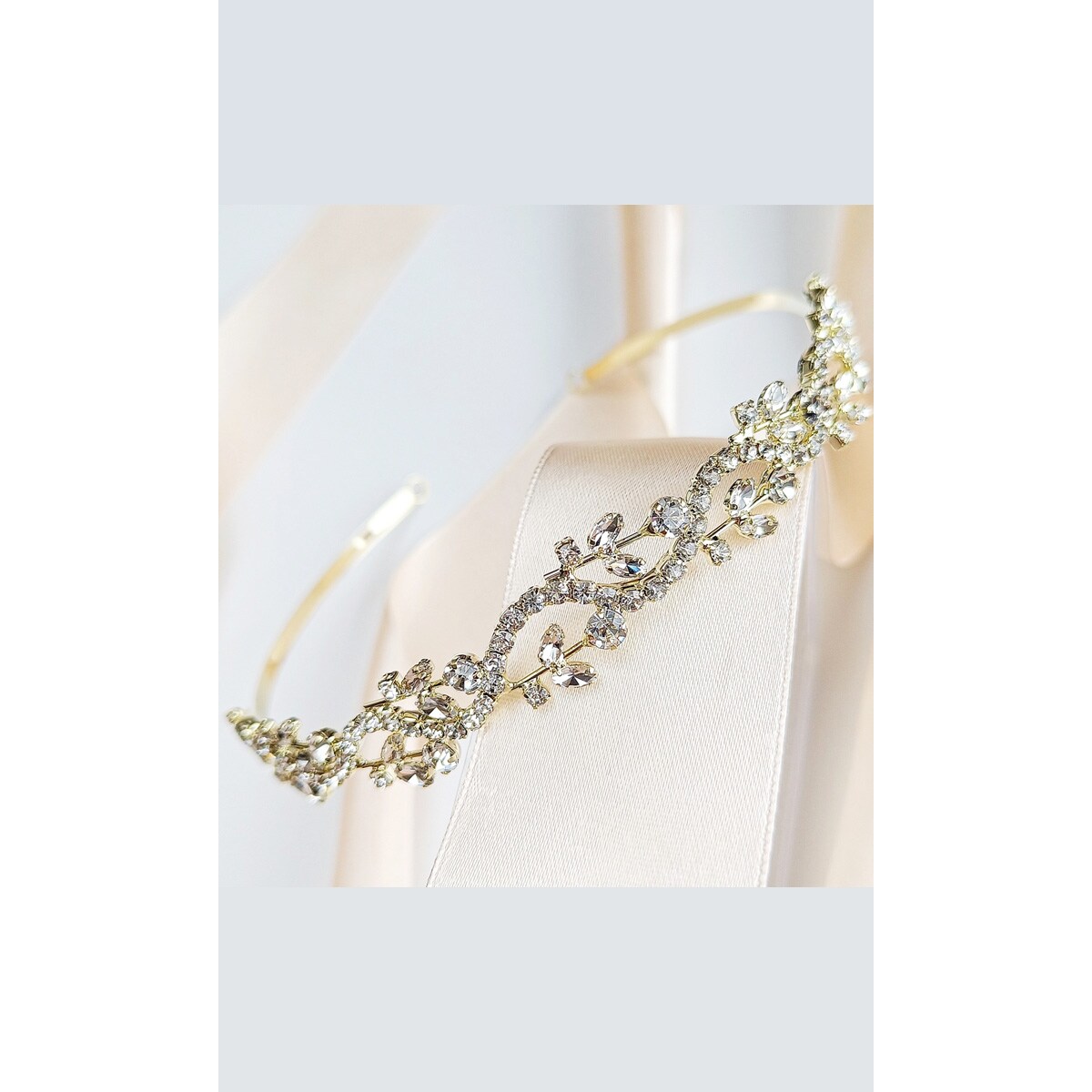 Opaska na głowę złota z listkami ŚLUBNA cyrkonie kwiaty ELEGANCKA błysk