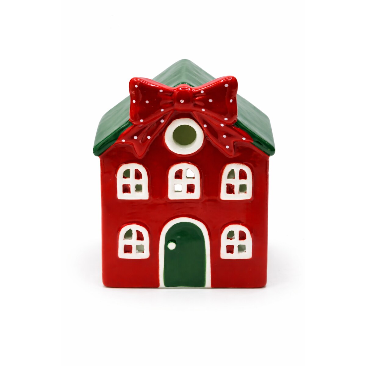 Ceramiczny domek na tea-lighty 15,3x12,1x9 cm czerwony z zielonym dachem