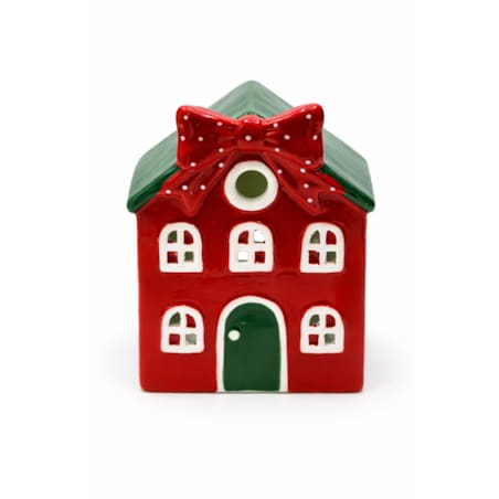 Ceramiczny domek na tea-lighty 15,3x12,1x9 cm czerwony z zielonym dachem