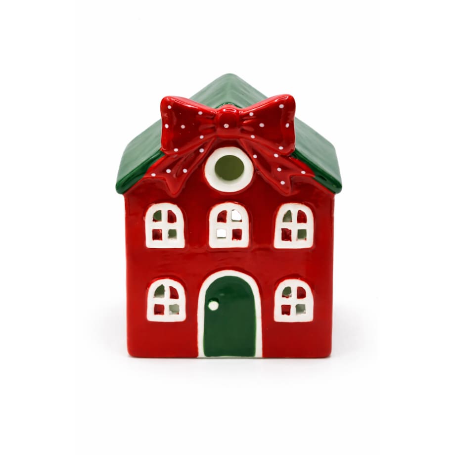 Ceramiczny domek na tea-lighty 15,3x12,1x9 cm czerwony z zielonym dachem