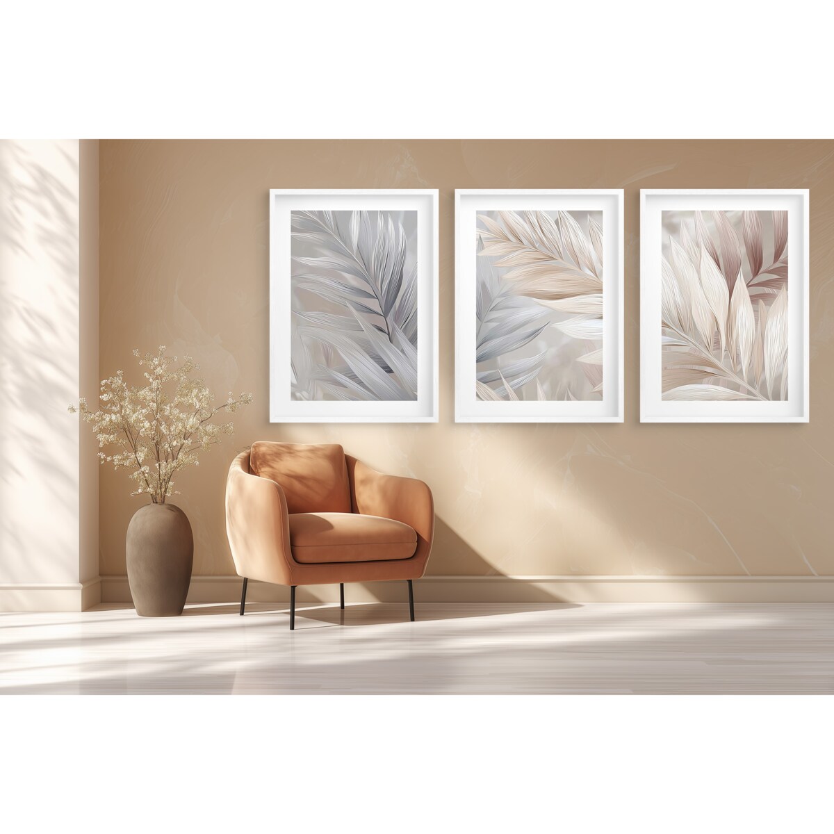 Plakaty w ramkach Liście Boho Obrazy do sypialni Pióra Ecru Beż Dekoracje