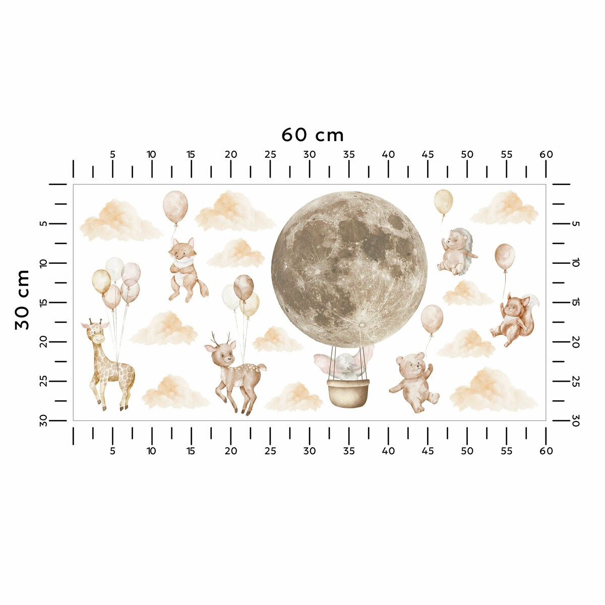 Naklejki Ścienne Dla Dzieci Zwierzątka Księżyc Chmurki Balony Boho Zestaw 60x30cm