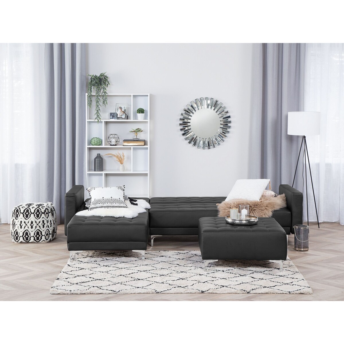 Narożnik rozkładany 4-osobowy z otomaną ekoskóra prawostronny czarny ABERDEEN