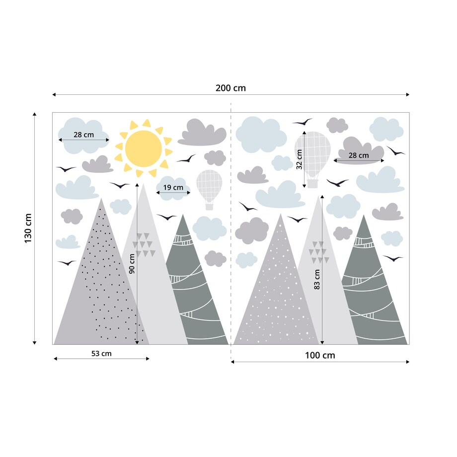 NAKLEJKI NA ŚCIANĘ DLA DZIECI SZARE GÓRY CHMURY BALONY STYL BOHO ZESTAW