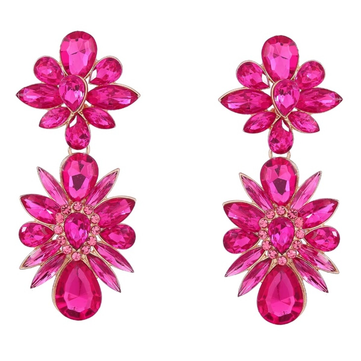 Kolczyki efektowne duże FUKSJA malinowe z aplikacjami cyrkoniami rozety