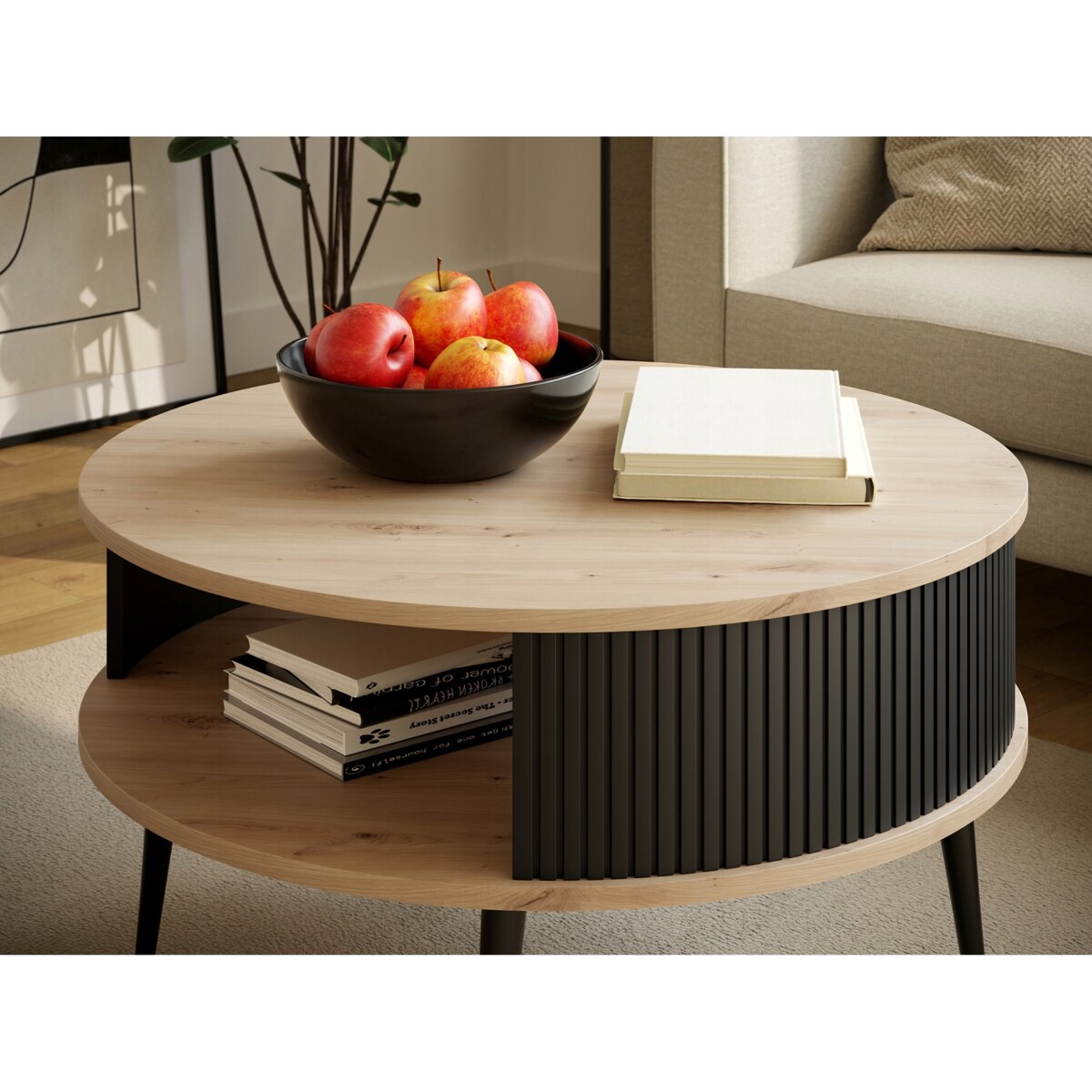 Stolik DO SALONU Okrągły Lamelowy DĄB ARTISAN Czarne Nogi NOWOCZESNY 76 cm