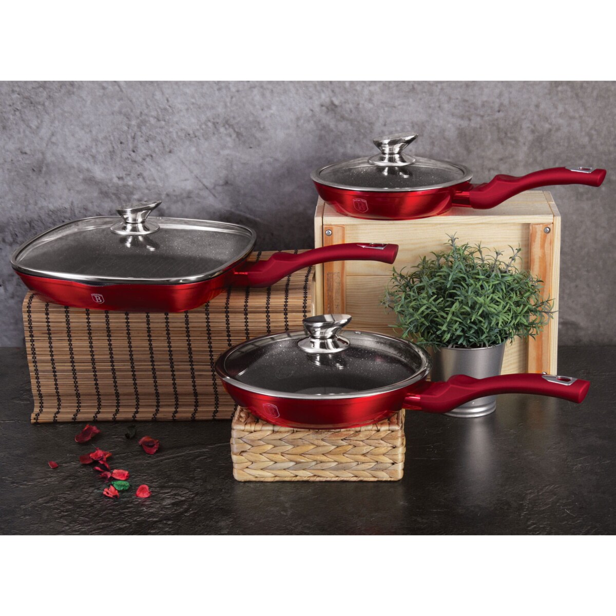 Zestaw 3 patelni z pokrywkami Metallic Line Burgundy Berlinger Haus BH-6189