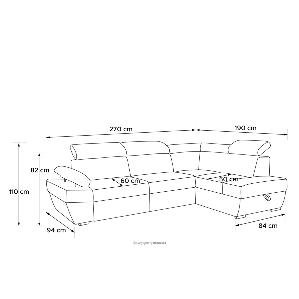 KONSIMO RATLO Narożnik rozkładany jagnięcy z pojemnikiem na pościel, jasny beż, prawy