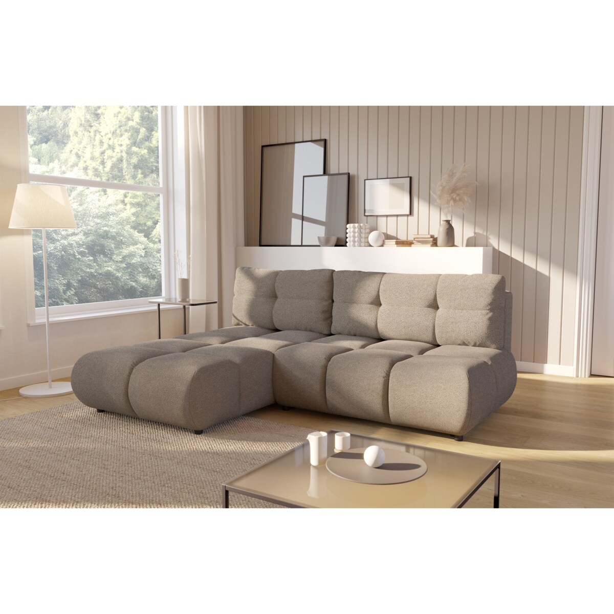 Pikowany Narożnik MILA rozkładany bez boczków lewy ciemnobeżowy