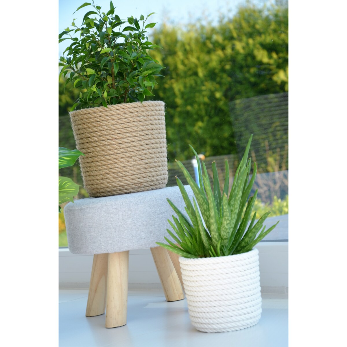 28 BOHO sznurek BIAŁA BAWEŁNA naturalna osłonka na doniczkę koszyk z trawy plecionej styl skandynawski etno loft marynistyczny wzór 28/BB10