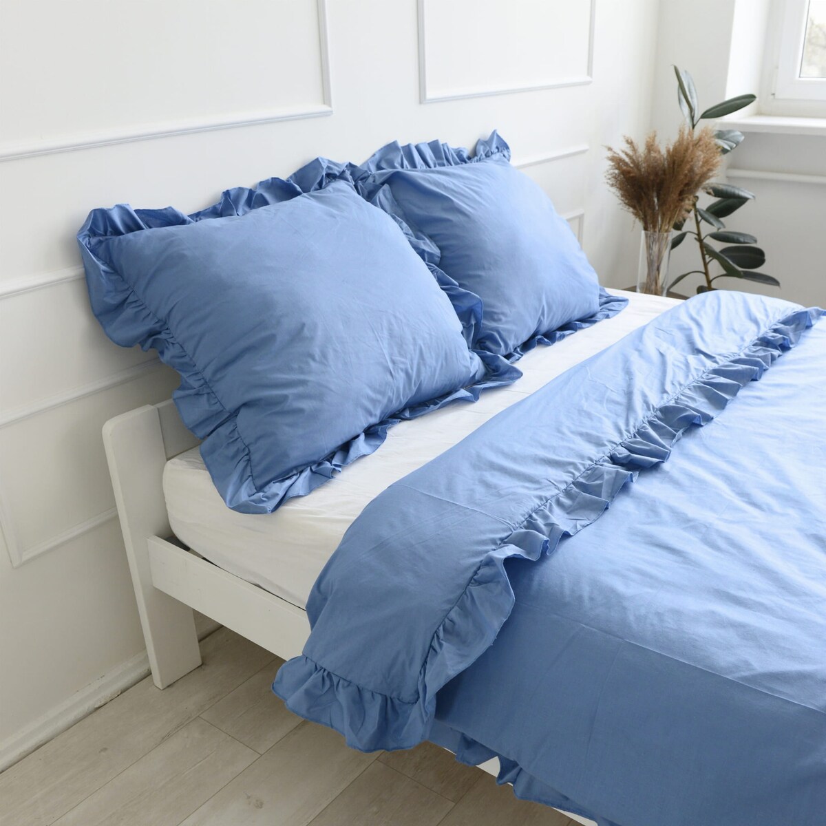 Poszewka Pościel Na Poduszkę Z Ozdobną Falbanką Niebieska Jeans 70X80 Cm