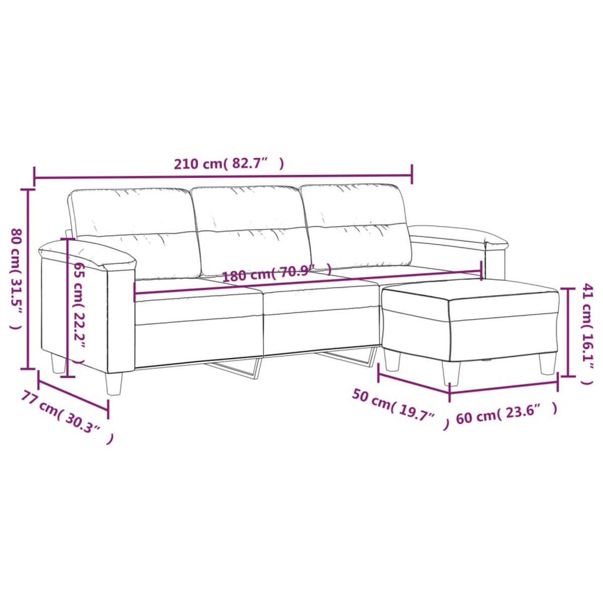vidaXL 3-os. sofa z podnóżkiem, czarna, 180 cm, obita mikrofibrą